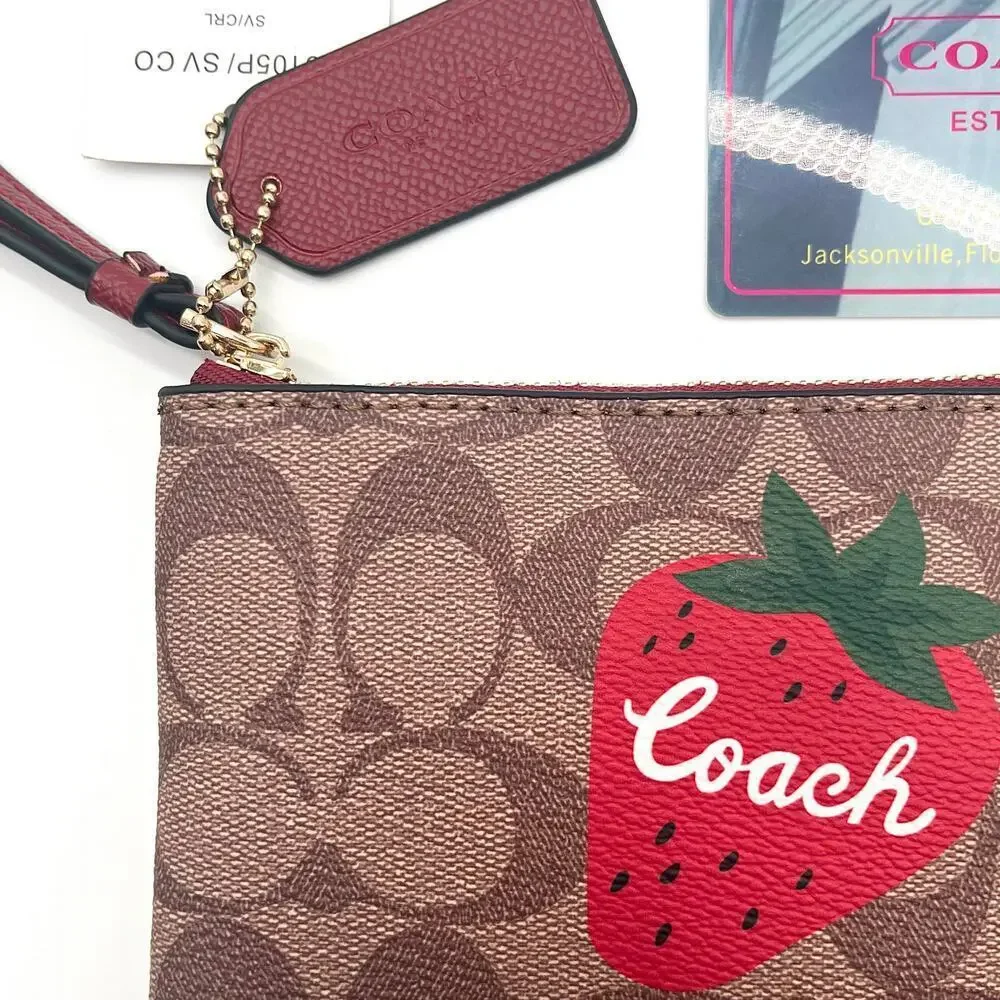 COACH NWT Signature Leather Strawberry Corner Zip Wristlet